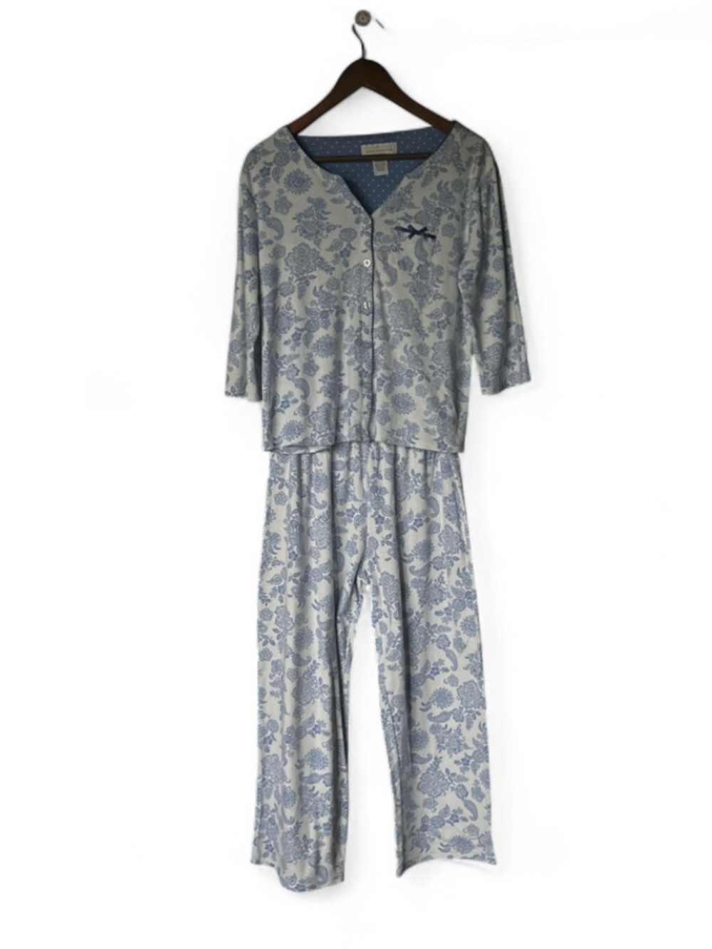 Karen Neuburger Blue Floral Lounge Wide Leg Pajama Set - Lightweight Two-Piece